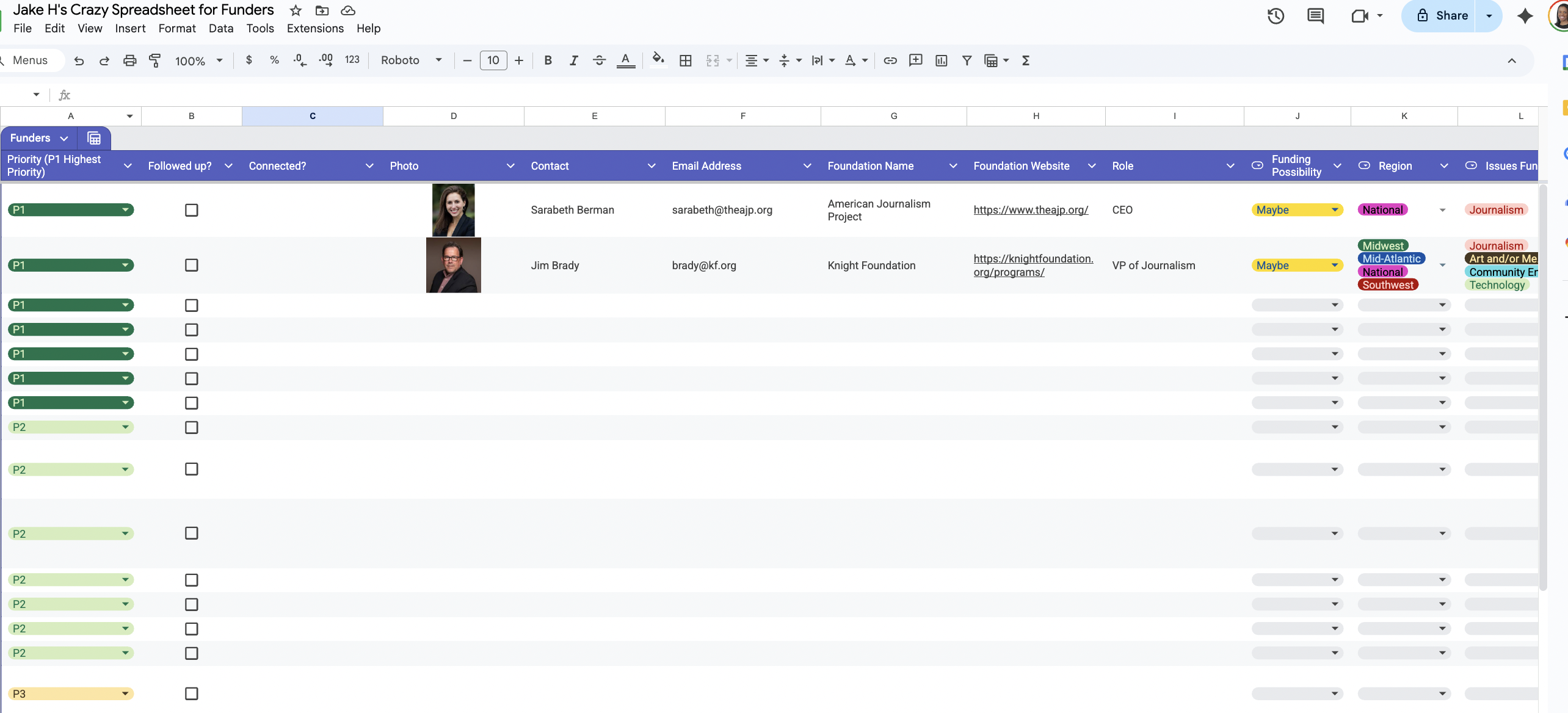 A screenshot of a spreadsheet with headshots,