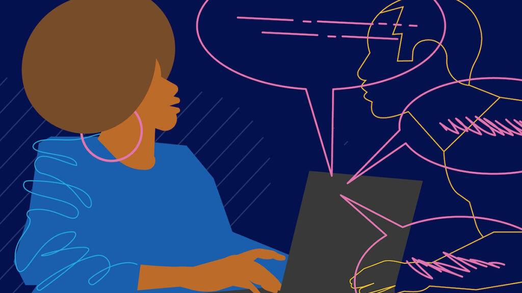 An illustration of a women in front of a computer with thought bubbles surrounding her